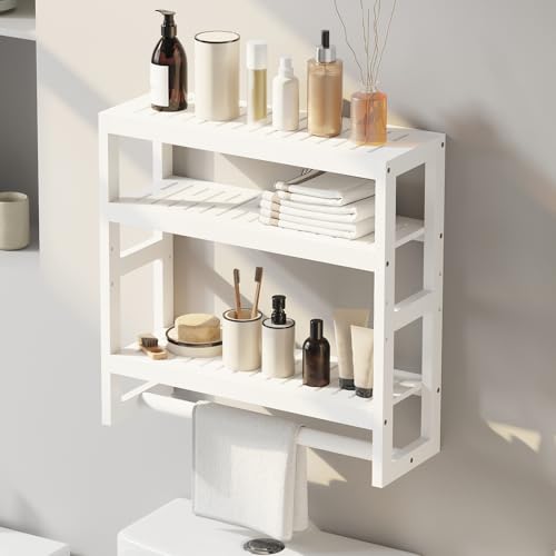 Bathroom Shelves with Hanging Bar Over Toilet Storage - Adjustable Wall Organizer (White) - color: White