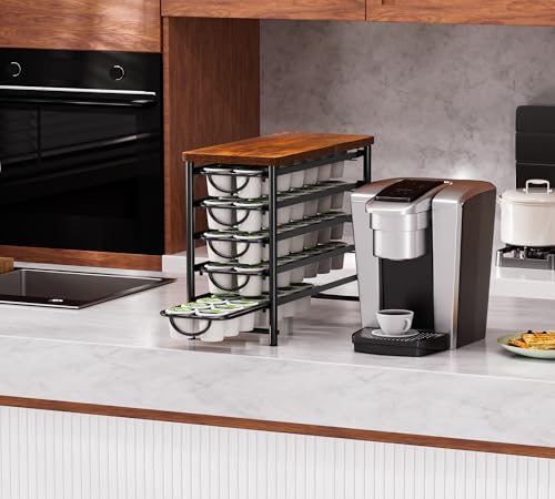 HFHOME Coffee Pod Holder with Wooden Top, Compatible with K-Cups, 5-Tier Coffee Capsule Storage Drawer, 70 Capacity Pods Organizer with 3 Mug Holders, for Home, Office, Kitchen Counter, Black - color: Black-70 Pod