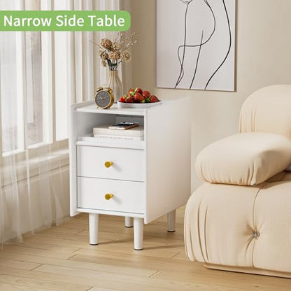 Narrow Nightstand with 2 Drawers, 11.81" Solid Wood Narrow Bedside Table | Pine Wood, Modern Night Stand with Open Shelf & Cable Hole, Slim Narrow Side Table for Bedroom, White