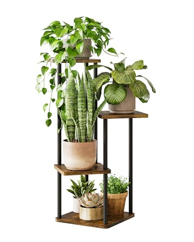 GENTINGBRO Tall Plant Stand Indoor 4 Tiered Plant Shelf for Multiple Plants Coner Shelf Stand Wood Plant Stand Metal Shelving for Living Room Bedroom Balcony Patio Brown Oak - color: Brown Oak, size: 4 Tier without Light