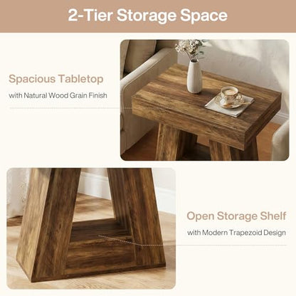 Tribesigns 24" Side Table, Narrow End Table with 2-Tier Storage Shelf, Farmhouse Wooden Nightstand Accent Table with Trapezoid Base for Living Room, Bedroom, Small Spaces, Brown - color: Brown