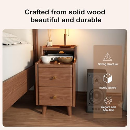 Narrow Nightstand with 2 Drawers,Walnut Nightstand,Bedside Table,Solid Wood Modern Bedside Table for Bedroom,Study,Toilet - color: Walnut, size: 15.75"D x 11.81"W x 22.32"H(2 Drawers)