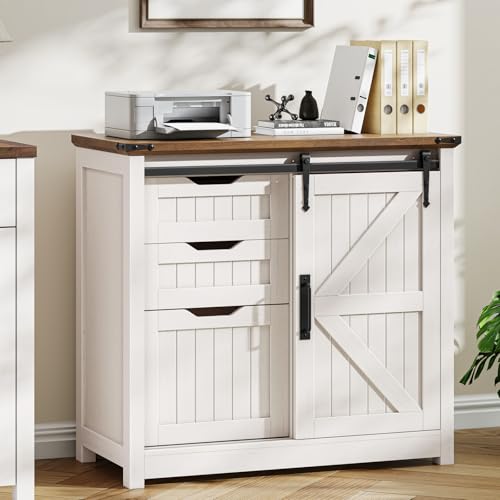 Vabches Lateral File Cabinets with Adjustable Shelf, Farmhouse Filing Cabinet for Home Office, Filing Organization Storage Cabinets with Sliding Barn Door for Hanging Files Letter/A4. - color: Off White, style: 3 Drawers
