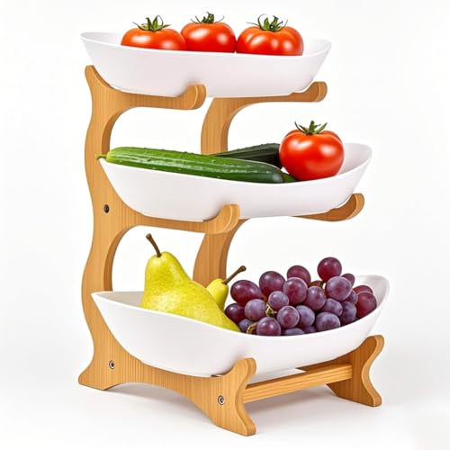 Fruit Bowl With Bamboo Wood Stand, Fruit&Vegetable Candy Dish Decor Basket for Kitchen Counter，Large Capacity Vegetable Storage Stand Snacks Rack Tray Plate Rack - color: White, size: 3-Tier