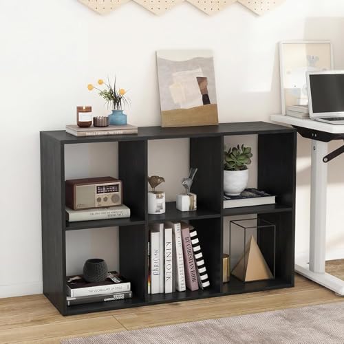 POWERSTONE 6 Cube Storage Organizer, 3 Tier Cubby Bookshelf, Black | Freestanding Bookcase w/Back Guardrail, Open Back Display Rack for Living Room, Bedroom, Study - color: Black, size: 6 Cubes