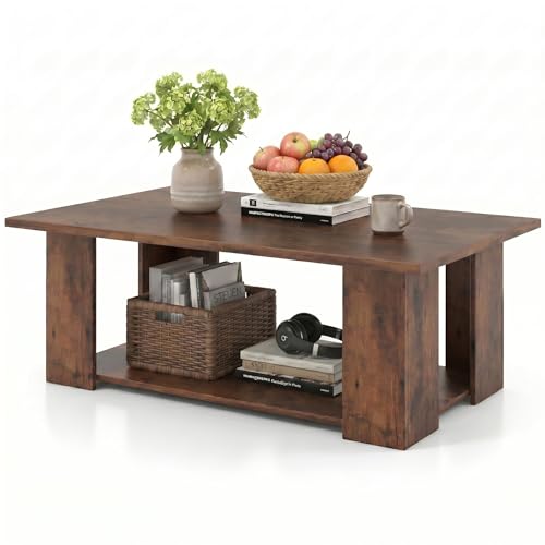POWERSTONE 41 Inch 2-Tier Coffee Table with Storage Shelf, Wood Farmhouse Center Table with L Legs & Extra Bottom Support for Living Room, Rustic Brown - color: Rustic Brown