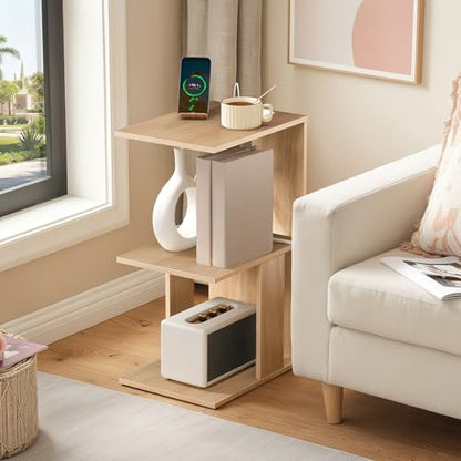 MAHANCRIS End Table with Charging Station, C-Shaped Narrow Side Table, Natural Nightstand with Storage, Narrow Bedside Table for Small Spaces, End Tables Living Room, Bedroom, Easy Assembly, ETNA18E01 - color: Natural