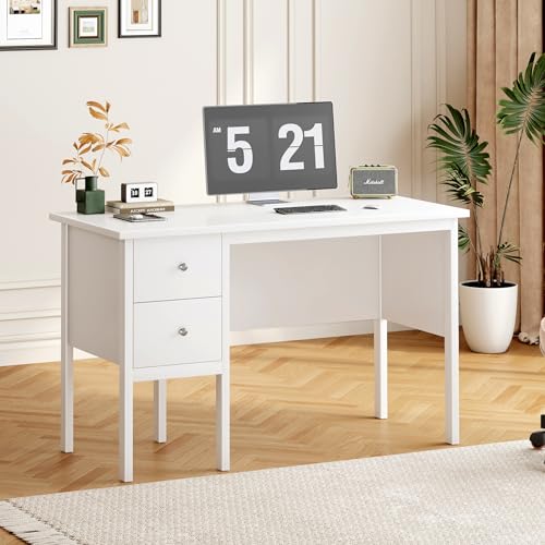 BHG Computer Desk with Drawers,Modern White Home Office Desk with Storage Filing Cabinet, Vanity Desk Makeup Dressing Table for Bedroom,Small Writing Table PC Desks for Study(White, 43.3") - color: White