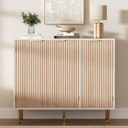 Housoul Fluted Sideboard Buffet Cabinet with 3 Doors, Natural Oak | Kitchen Storage Cabinet with Adjustable Shelves & Golden Handles, Modern Accent Cabinet, Coffee Bar for Kitchen, Living Room - color: Oak