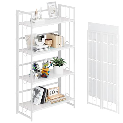 4NM No Assembly 4 Tiers Folding Bookshelf, 47.2" H Foldable Storage Shelves Vintage Bookcase Standing Racks Study Organizer Home Office - All White - color: All White, size: 4-Tier