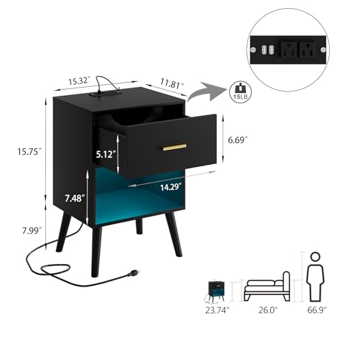 Aienvey Nightstand with Charging Station and LED Lights, Black | Small Side Table, Bedside Table with Drawer, Modern Night Stand with Light/Power Strip, End Table for Bedroom, Living Room - color: Black
