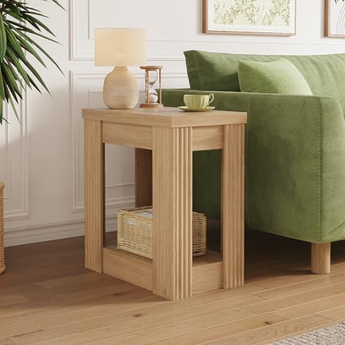 Maupvit Narrow Wood End Table for Living Room, 2-Tier Small Slim Side Table with Storage Shelf, Modern Fluted Nightstand for Bedside, Small Spaces, Living Room, Bedroom, Oak, Set of 2 - color: Oak
