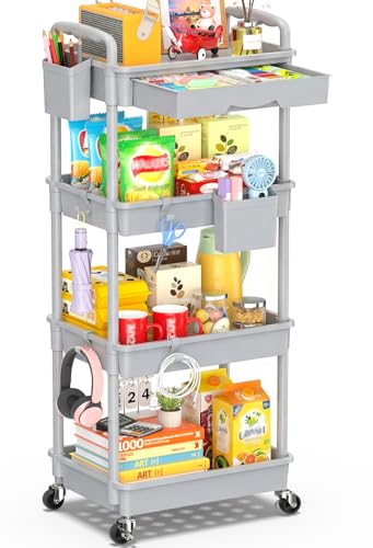 SUNALLY 4 Tier Rolling Utility Cart with Drawer, Storage Organizer Cart with 2 Lockable Wheels, Multifunctional Rolling Storage Cart for Bathroom, Kitchen, Craft, Makeup, Baby Essentials, Gray - color: Gray, size: 4 Tier