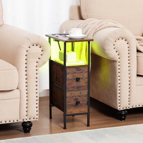 LOAKEKEL Narrow Nightstand with Charging Station, End Tables Living Room Set of 2, Skinny Side Table with Fabric Drawers, Small Sofa Table with LED Light for Bedroom, Rustic Brown, HETNDP02LPBR - color: Rustic Brown, style: Power + Light