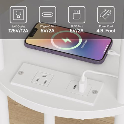 HOOBRO Set of 2 Small Round Side Tables with Charging Station, 3-Tier Round Bamboo End Tables, Easy Assembly, for Living Room, Bedroom, Apartment, White WT152UBZP201 - color: White