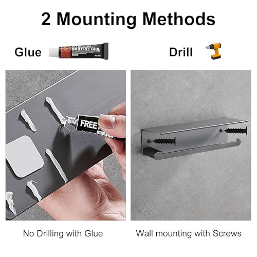 DUFU Paper Towel Holder with Shelf for Kitchen, Grey | Paper Towel Holder Wall Mount for Bathroom, Self-Adhesive Anti-Rust Aluminum, No Drill or Wall-Mounted with Screws - color: Gray