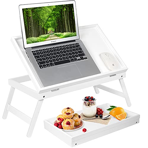 Bamboo Lap Desks Bed Table White Breakfast Tray with Folding Legs Kitchen Serving Tray for Notebook Computer Bed Platters Desk Snack Tray(White) - color: White, size: Large