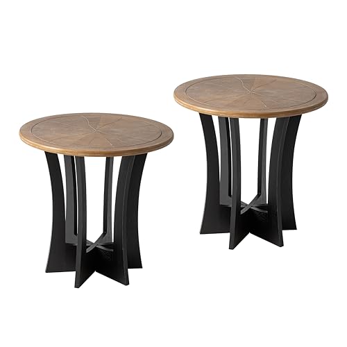 COZAYH Farmhouse Round End Table X 2P with Criss-Cross Wood Legs, Rustic French Country Side Table for Dinning or Living Room, Modern, Black, Natural Wood Color - color: Black