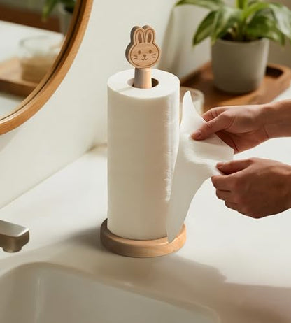 KitchLife Cute Wooden Paper Towel Holder Countertop - Solid Freestanding Paper Towel Dispenser Stand Organizer with Anti-Skid Base (Rabbit) - style: Rabbit