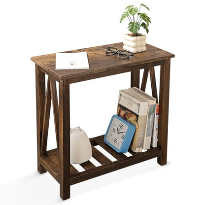 End Side Table with Storage Shelf Rectangle Narrow Nightstand Console Tables Brown Smooth End Table for Small Spaces Industrial Accent Side Table for Living Room Bathroom Bedroom - color: Brown