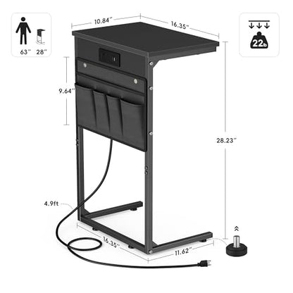 C Shaped End Table with Charging Station, 28" Tall Couch Side Table, Sofa Table Beside Table, Slide Under Sofa Arm C Table for Small Spaces, TV Tray Table for Living Room, Bedroom, Black - color: Black