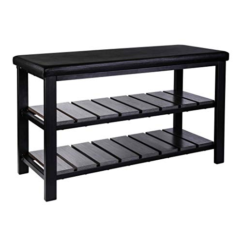 Finnhomy 3-Tier Shoe Rack Bench Cushion. Holds Up to 400 lb Rack, for Entryway, Bedroom, Hallway, Accent Furniturn, Elegant Black Wood - style: Modern