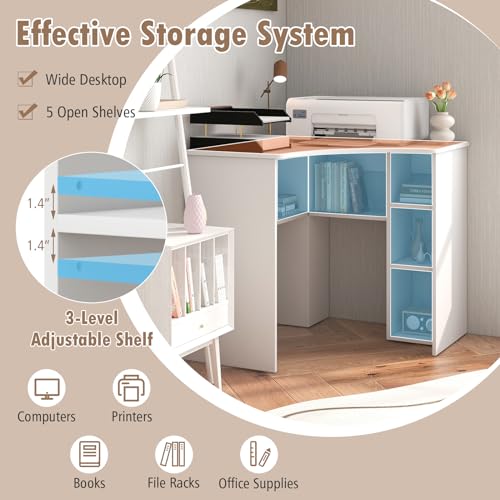 Small Corner Desk with Storage, Triangle Corner Gaming Desk with Adjustable Shelves, Compact Vanity Desk, L-Shaped Corner Computer Desk for Small Space, Bedroom, Living Room (White)