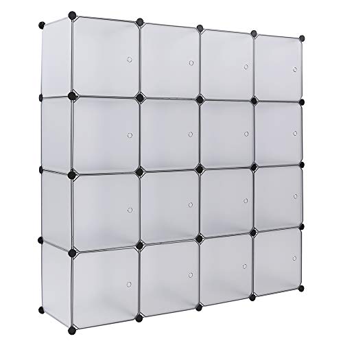 lapday Cube Storage Organizer with Doors, DIY Plastic Modular Bookshelf Closet Cabinet Space Saver for Home, Living Room, Office (16-Cube/White Panels White Door)