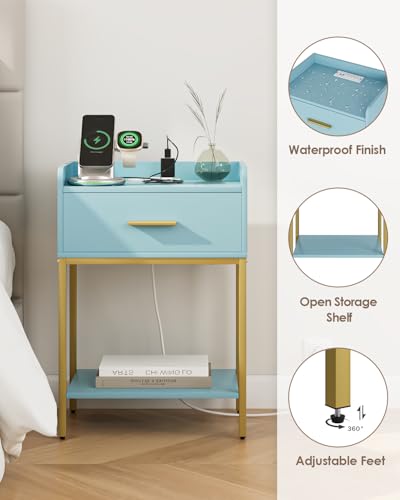 Nightstand with Charging Station,3-Tier Modern Bedside Table Night Stand with Storage Drawer and Open Shelf,Small End Side Table for Bedroom,Living Room,Blue - color: Blue With Charging Station