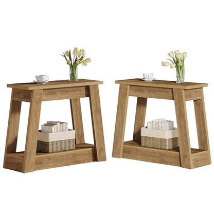 Tribesigns Wood End Table, Small Side Table with 2 Storage Shelves, Rustic Accent Narrow Nightstand for Living Room, Bedroom (2, Light Brown) - color: Light Brown
