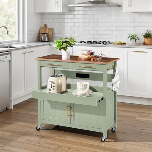 Best Choice Products 36in Large Rolling Kitchen Island Cart, 2-Door Cabinet, 2 Drawers, Pull-Out Shelf, Power Outlet, Hooks, & Swivel Lockable Wheels - Pistachio Green - style: Pistachio Green