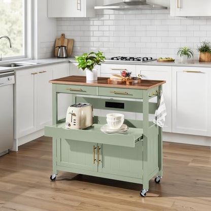 Best Choice Products 36in Large Rolling Kitchen Island Cart, 2-Door Cabinet, 2 Drawers, Pull-Out Shelf, Power Outlet, Hooks, & Swivel Lockable Wheels - Pistachio Green - style: Pistachio Green