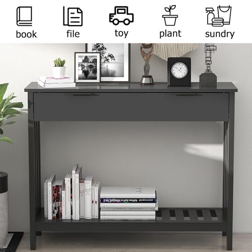 TaoHFE Black Narrow Console Table with Drawer Storage Shelf, Modern Wooden Entryway Sofa Table, 39 Inch Slim Behind Couch Table, Side Display Console Table for Living Room,Office,Black - color: Black