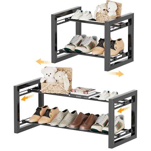 Homeiju Expandable Shoe Rack, 2 Tier Metal Shoe Shelf, Adjustable Shoe Stand for Sneakers, Boots, Heels, Heavy-Duty Steel Standing Shoe Organizer for Entryway, Closet, Bedroom, Black - color: Black, size: 2-Tier