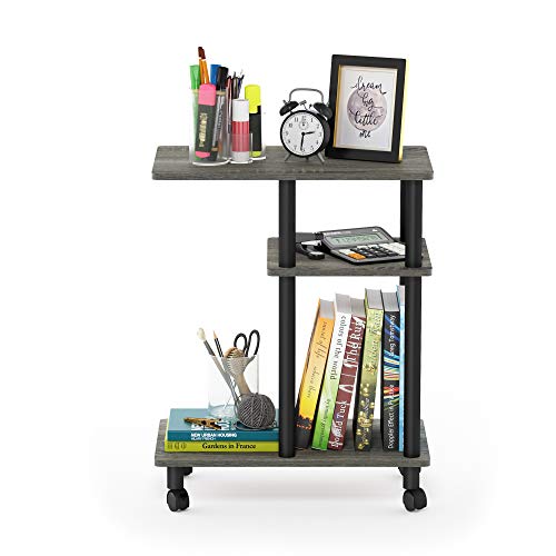 Furinno Turn-N-Tube Side Table, 3-Tier C-Shape End Table with Wheels, Toolless Assembly Night Stand, Bedside Table with Open Shelf, for Living Room, Bedroom, Grey Oak/Black - color: Grey Oak/Black