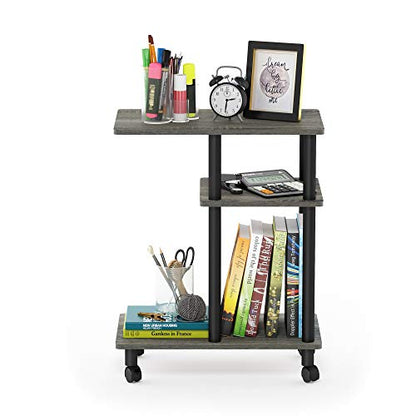 Furinno Turn-N-Tube Side Table, 3-Tier C-Shape End Table with Wheels, Toolless Assembly Night Stand, Bedside Table with Open Shelf, for Living Room, Bedroom, Grey Oak/Black - color: Grey Oak/Black