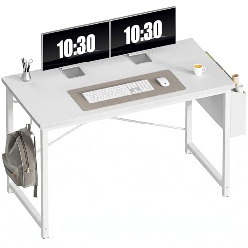 OLIXIS Computer Desk, 47 Inch Home Office Desks for Small Spaces, Writing Craft Study Gaming Table for Bedroom, Modern Computer Workstation with Storage Bag and Headphone Hook, White - color: White, size: 47 Inch with Hook