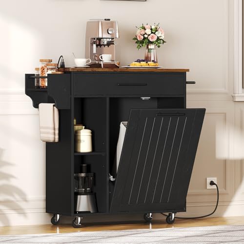 HOOBRO Kitchen Island with Trash Can Storage, Rolling Kitchen Island on Wheels, Mobile Island Cart with Power Outlet, Islands Table for 10 Gallon Garbage Bin, Rustic Brown and Black BF80UZD01G1 - color: Rustic Brown + Black