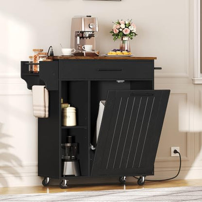 HOOBRO Kitchen Island with Trash Can Storage, Rolling Kitchen Island on Wheels, Mobile Island Cart with Power Outlet, Islands Table for 10 Gallon Garbage Bin, Rustic Brown and Black BF80UZD01G1 - color: Rustic Brown + Black