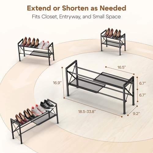 YEASHEIN 2-Tier Expandable Shoe Rack Organizer with Wire Mesh Shelves, Sturdy Metal Shoe Shelf with 3-Tier Storage, adjustable Shoe Stand, Free Standing Shoe Rack for Closet, Entryway, Garage - Black - size: 2 Tier