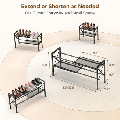 YEASHEIN 2-Tier Expandable Shoe Rack Organizer with Wire Mesh Shelves, Sturdy Metal Shoe Shelf with 3-Tier Storage, adjustable Shoe Stand, Free Standing Shoe Rack for Closet, Entryway, Garage - Black - size: 2 Tier