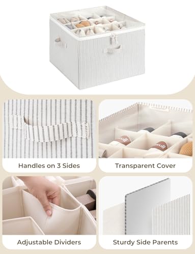 StorageWorks Shoe Organizer for Closet, Fits up to 16 Pairs, Shoe Cubby Storage Containers with Adjustable Dividers and Clear Cover, Khaki and Beige Stripes | Adjustable Dividers, Holds up to 16 Pairs, Foldable, Clear Lid, Soft Handles, Fits Sneakers, San