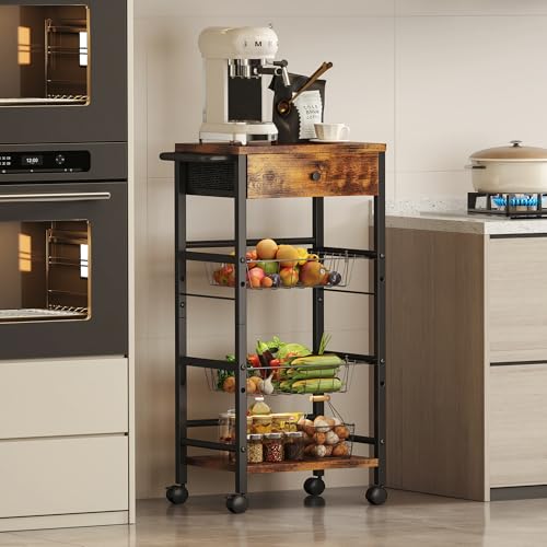 Kitchen Organizer and Storage Cart with Fabric Drawer and Convenient Handle, Snack Organizer Cart with 2 Pull-Out Baskets and 2 Storage Shelves, Rolling Kitchen Cart for Fruit Potato Onion Vegetable - style: 4 Tier with Drawer