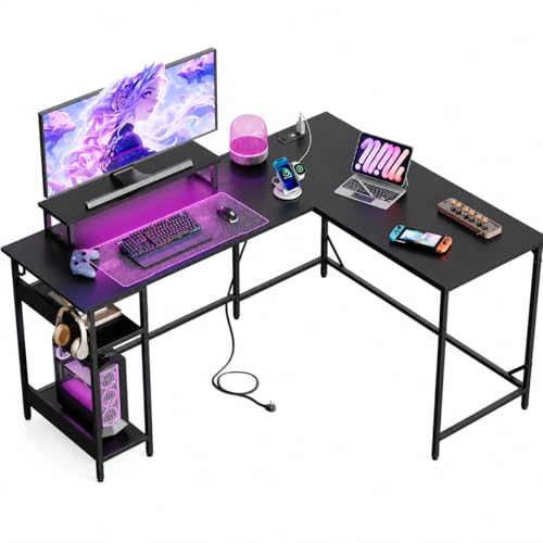 DEVAISE 55 Inch L Shaped Desk with LED Lights and Power Outlets, Black | Reversible corner desk with monitor stand, 2-tier shelves, and app-controlled lighting for work or gaming spaces - color: Black, size: 55 Inch