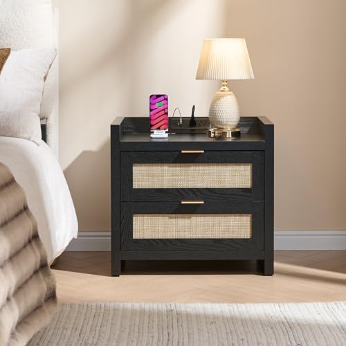 SICOTAS Night Stand Bedside Table - Rattan Nightstand End Table with Type-C Charging Station, 2 Drawers Storage Boho Night Stands for Bedroom - Black Oak - color: Black Oak(2 Drawers), size: 1 Piece