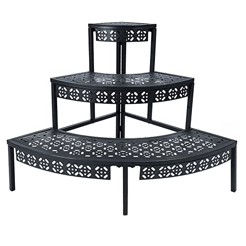 3-Tier Semi-Circular Metal Plant Stand, Quarter Round Shelf | Semi-circular quarter-round design,3-tier stair style for flower pots,Indoor/outdoor patio, balcony, garden,Space-saving rack - color: Black, size: 23.6"L x 23.6"W x 23.6"H