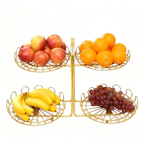 4-Tier Fruit Basket for Kitchen Counter, Metal Wire Fruit and Vegetable Storage Organizer with Bottom Slide-Out Tray, Space Saving Design for Pantry, Countertop (Gold) - color: Gold, size: 4-tier gold