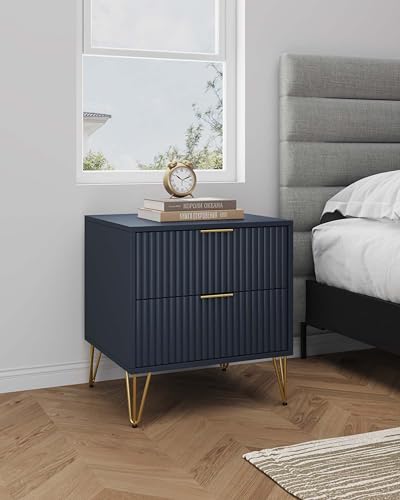 BROVAVE Sturdy Metal Legs Small Nightstand, Modern Nightstand with Textured Drawers, Storage Cabinet for Indoor use, Dark Blue - color: Dark Blue