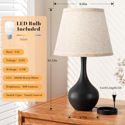 Seealle 16.1" Touch Table Lamps for Nightstand, 3-Way Dimmable Small Bedroom Lamps for Night Stands, Black Bedside Lamps for Living Room, Kids Room, End Table - color: A. Beige Shade & Black Base