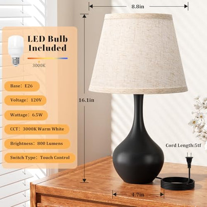 Seealle 16.1" Touch Table Lamps for Nightstand, 3-Way Dimmable Small Bedroom Lamps for Night Stands, Black Bedside Lamps for Living Room, Kids Room, End Table - color: A. Beige Shade & Black Base